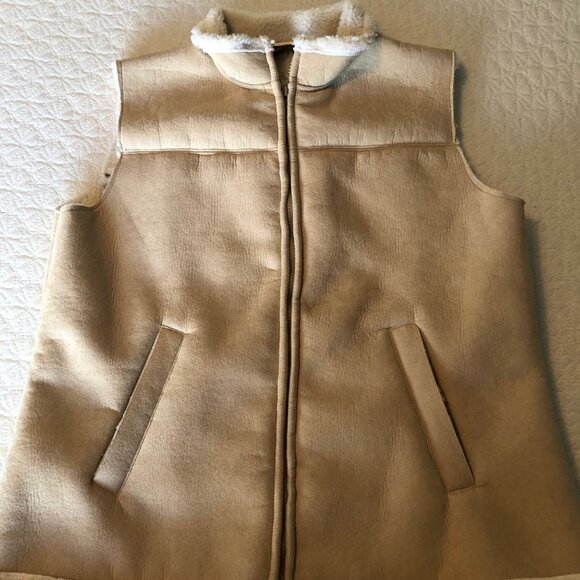 Shaver Lake vest poly suede womens medium faux sheep fur tan white full zip - Picture 1 of 5
